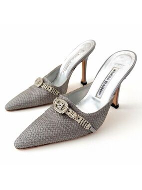 MANOLO BLAHNIK | Vintage Y2K Crystal Buckle Silver Gray Mule Heels Bridal EU 37